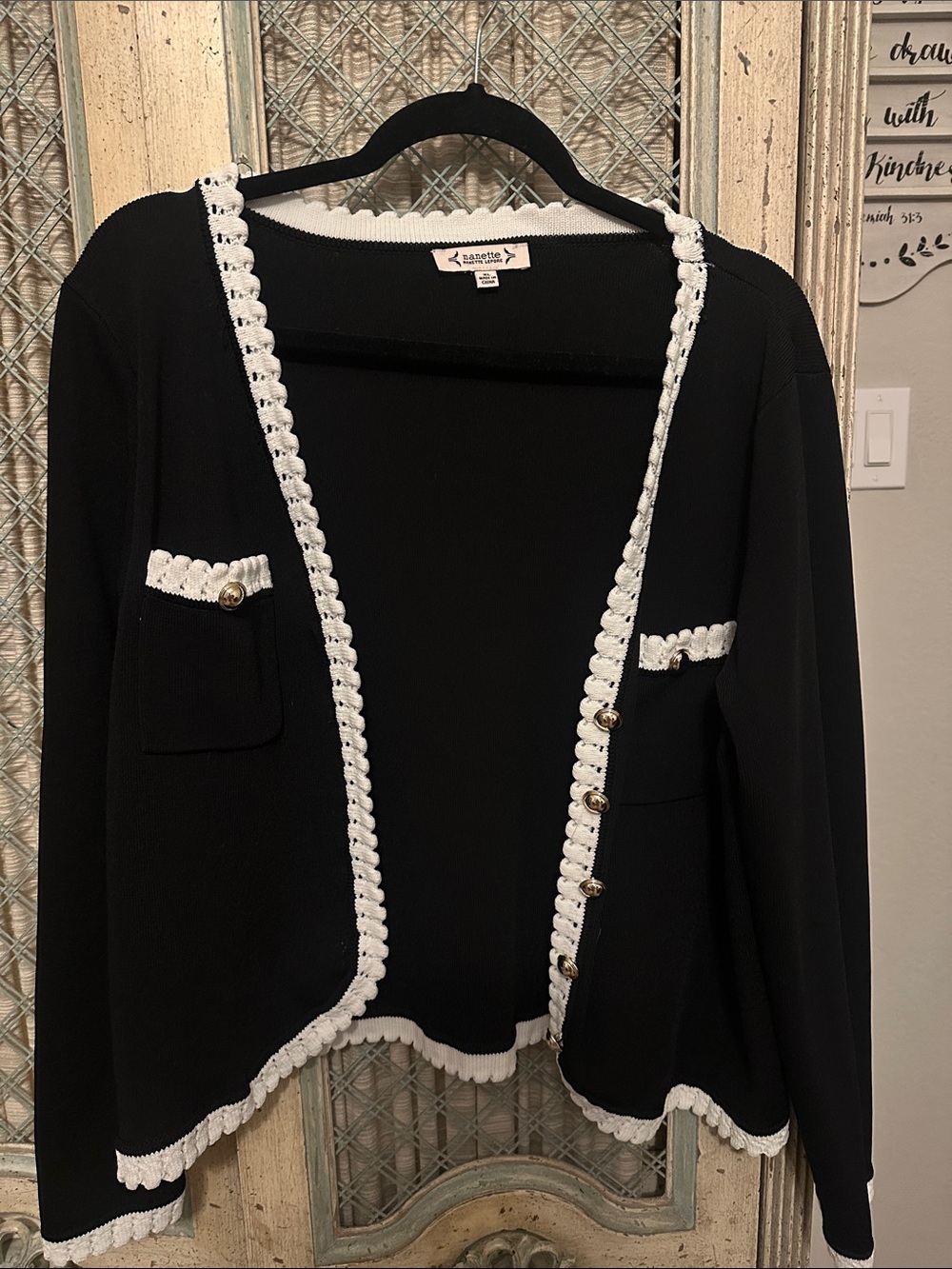 Nanette Lepore Black Open-Front Blazer/Cardigan with White Crochet Trim